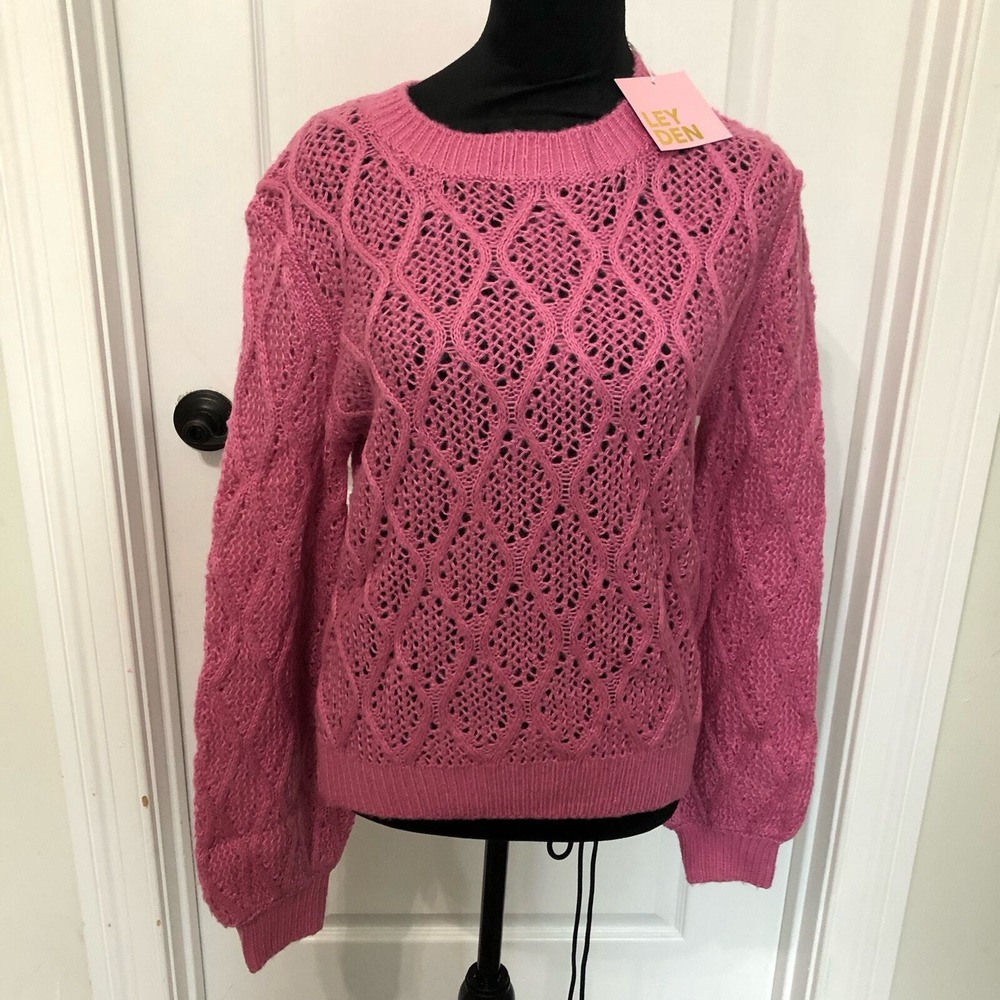 Leyden Womens Pink Open Knit Diamond Pointelle Puff Sleeve Sweater Large NEW